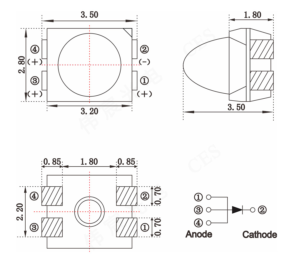 3528球头-4脚-包裹式支架-三正一负--焊盘图2022